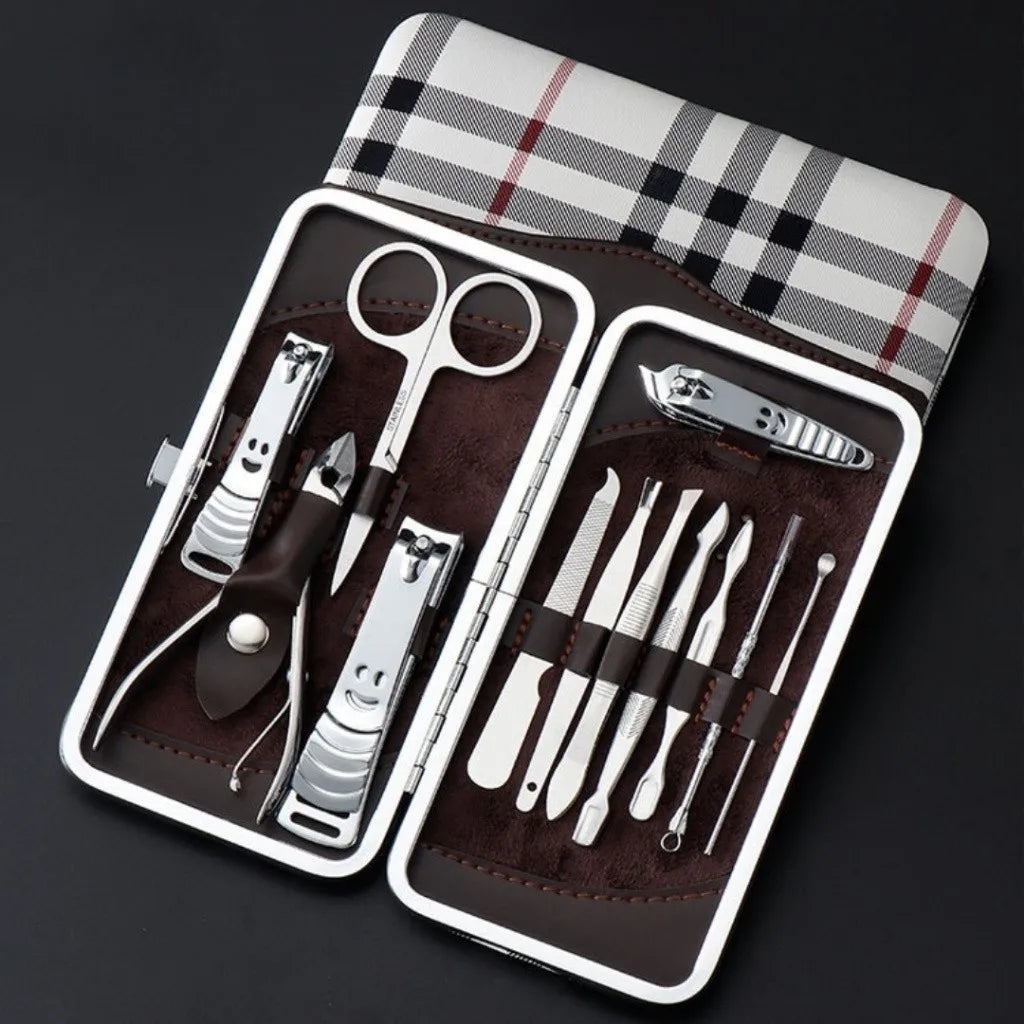 Kit Manicure e Pedicure Profissional em Aço Inox (Estojo de Couro)