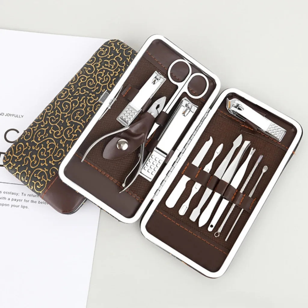 Kit Manicure e Pedicure Profissional em Aço Inox (Estojo de Couro)