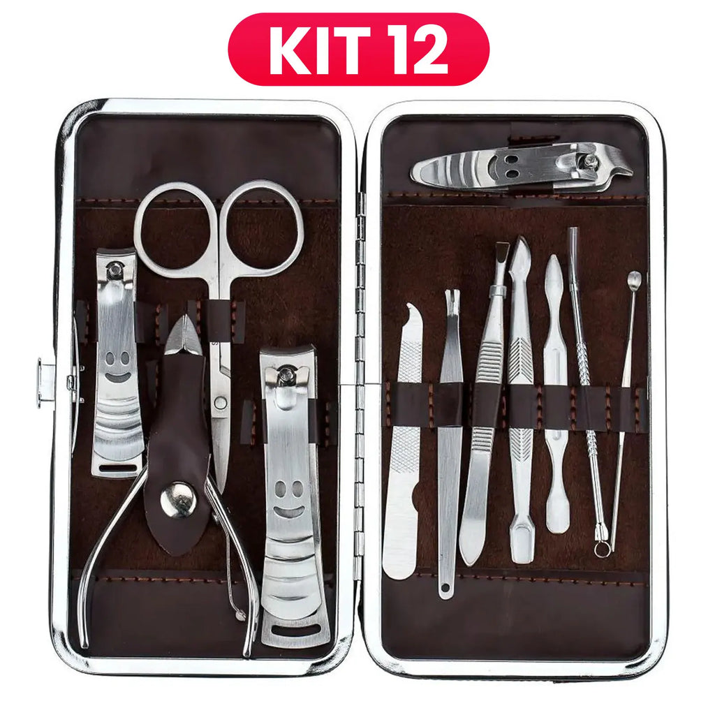 Kit Manicure e Pedicure Profissional em Aço Inox (Estojo de Couro)