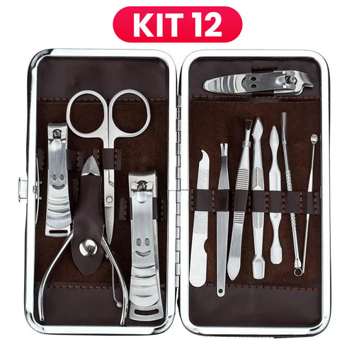 Kit Manicure e Pedicure Profissional em Aço Inox (Estojo de Couro)