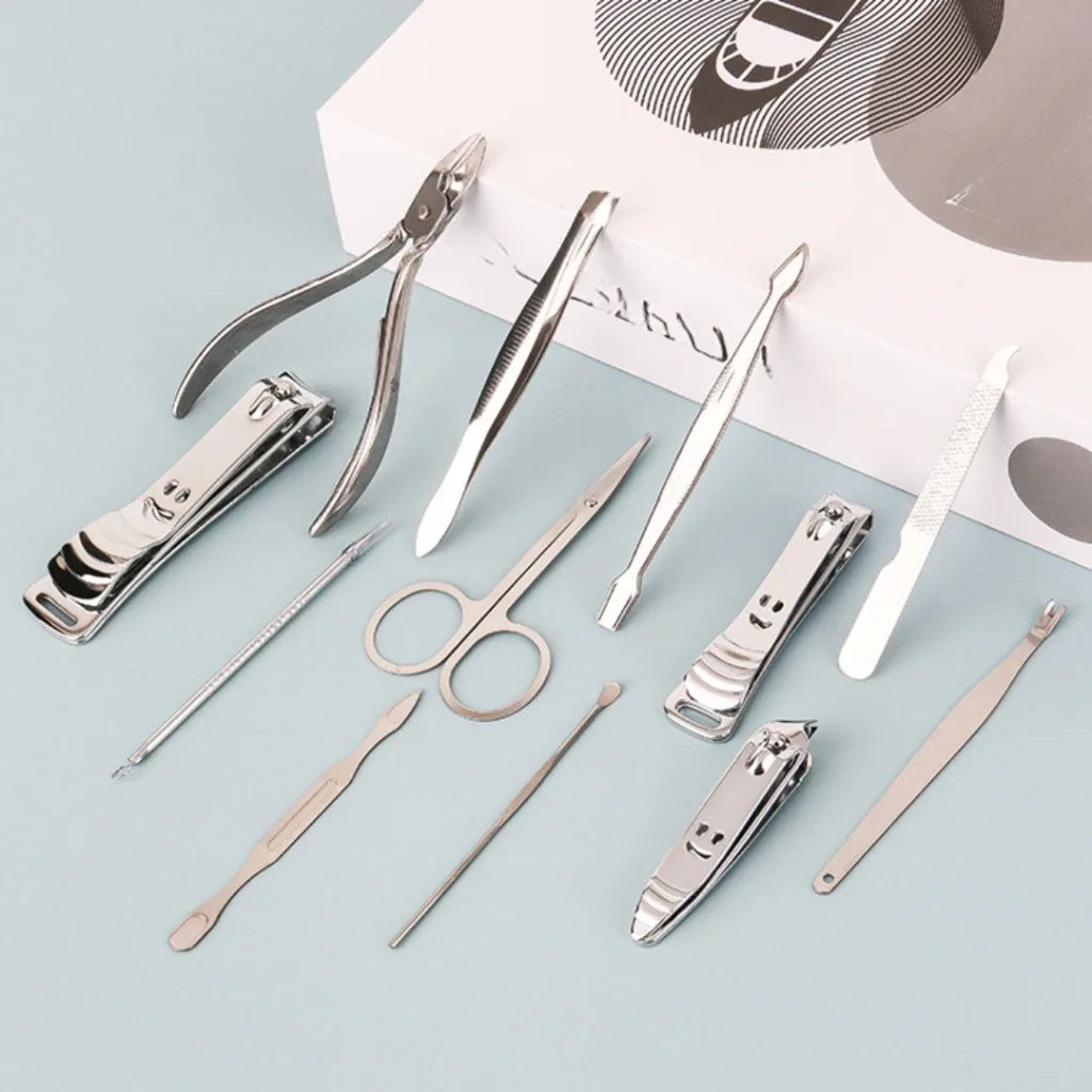 Kit Manicure e Pedicure Profissional em Aço Inox (Estojo de Couro)