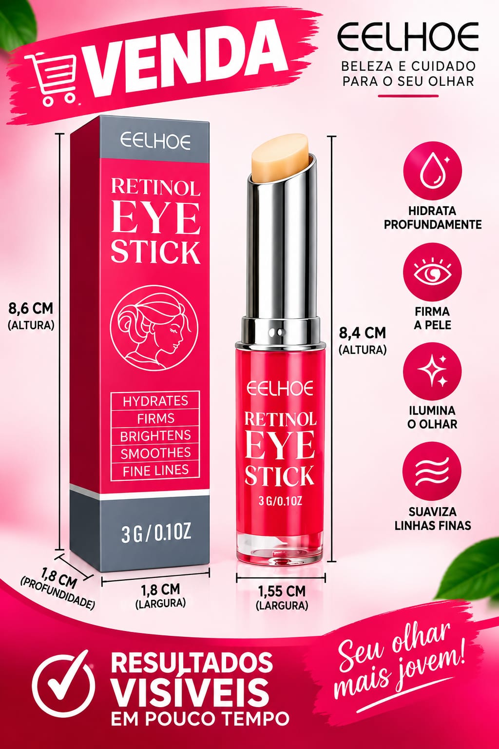 Bastão de Retinol para Olhos Eelhoe - Anti-Olheiras e Antirrugas